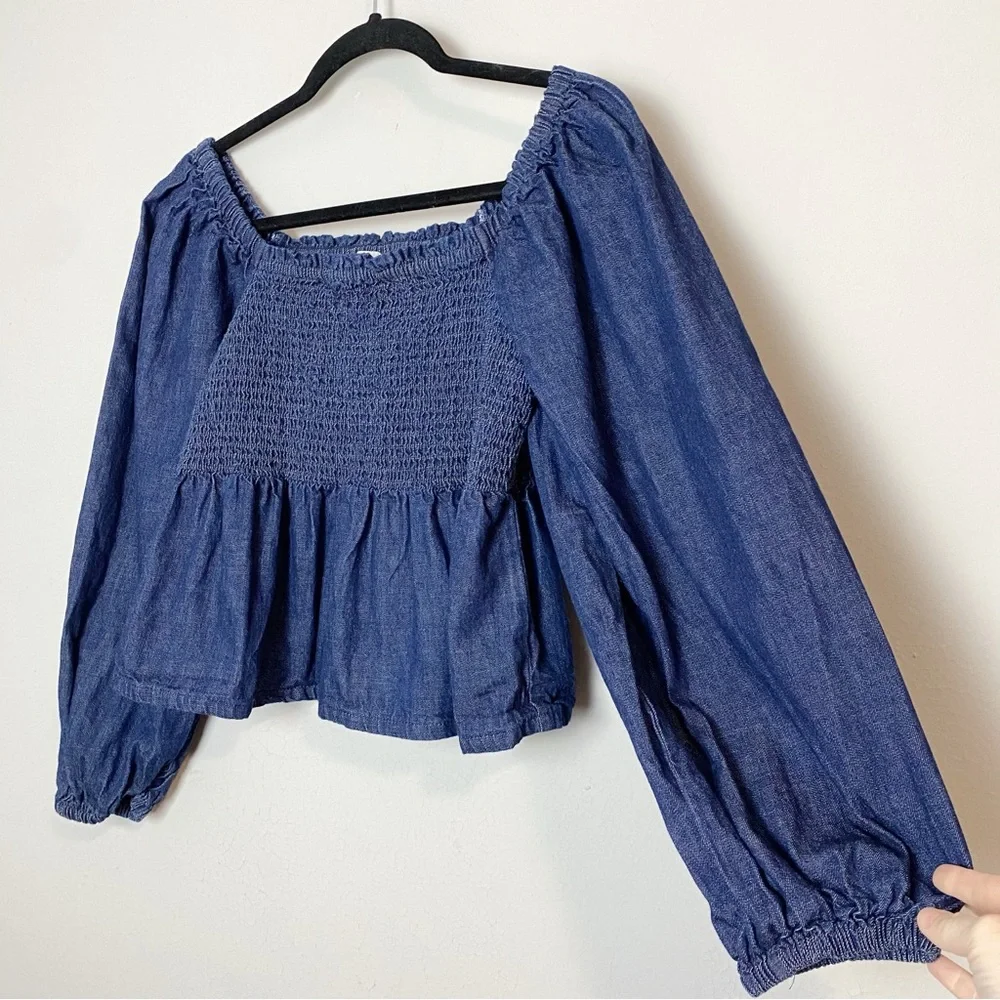 J. Crew Puff Sleeve Smocked Chambray Top